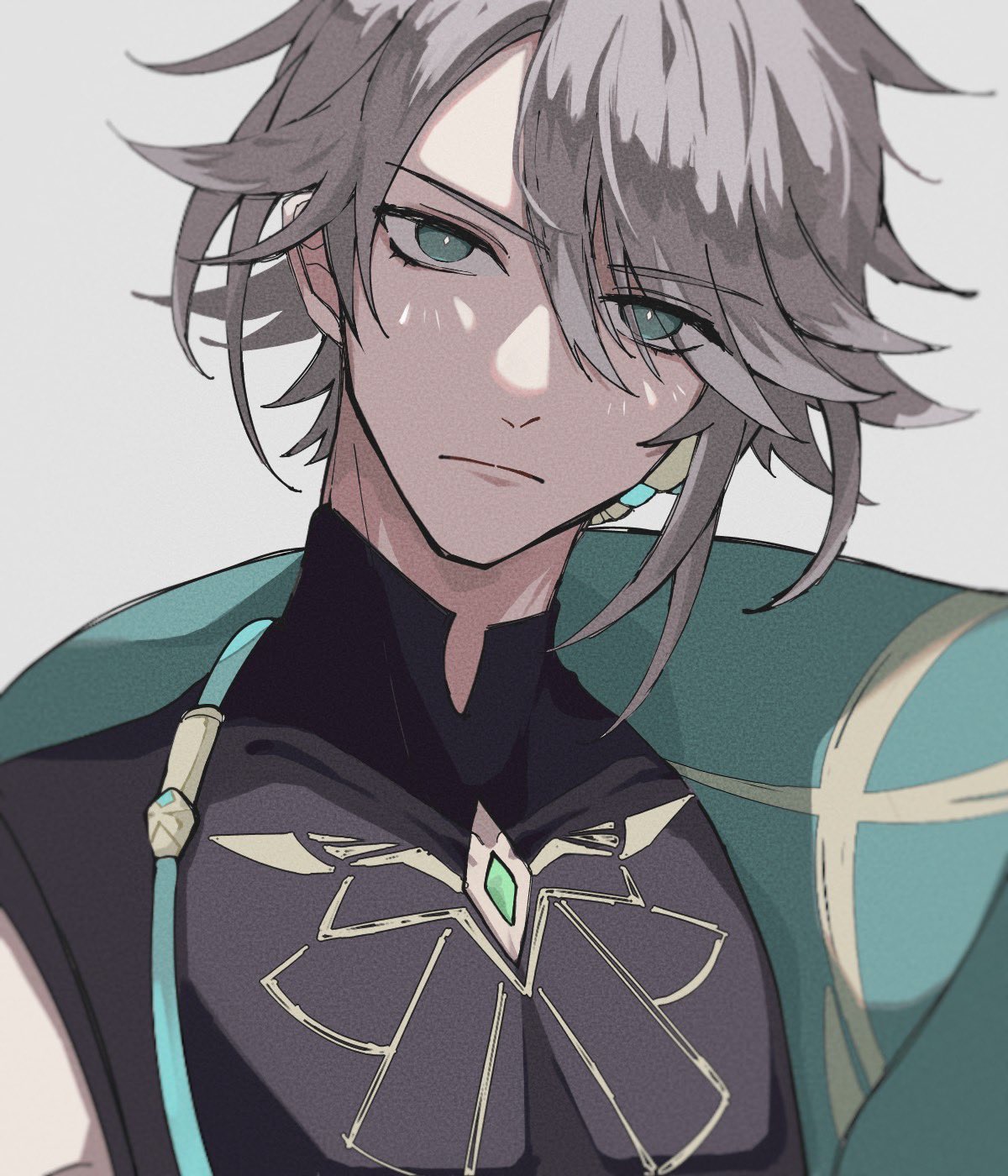 1boy, alhaitham_(genshin_impact), black_shirt, cable, cape, chest_jewel, closed_mouth, commentary_request