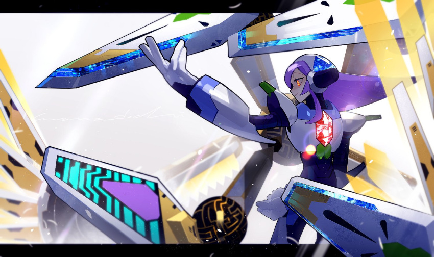 1boy, armor, chest_jewel, cowboy_shot, from_side, glowing, glowing_eyes, grey_background