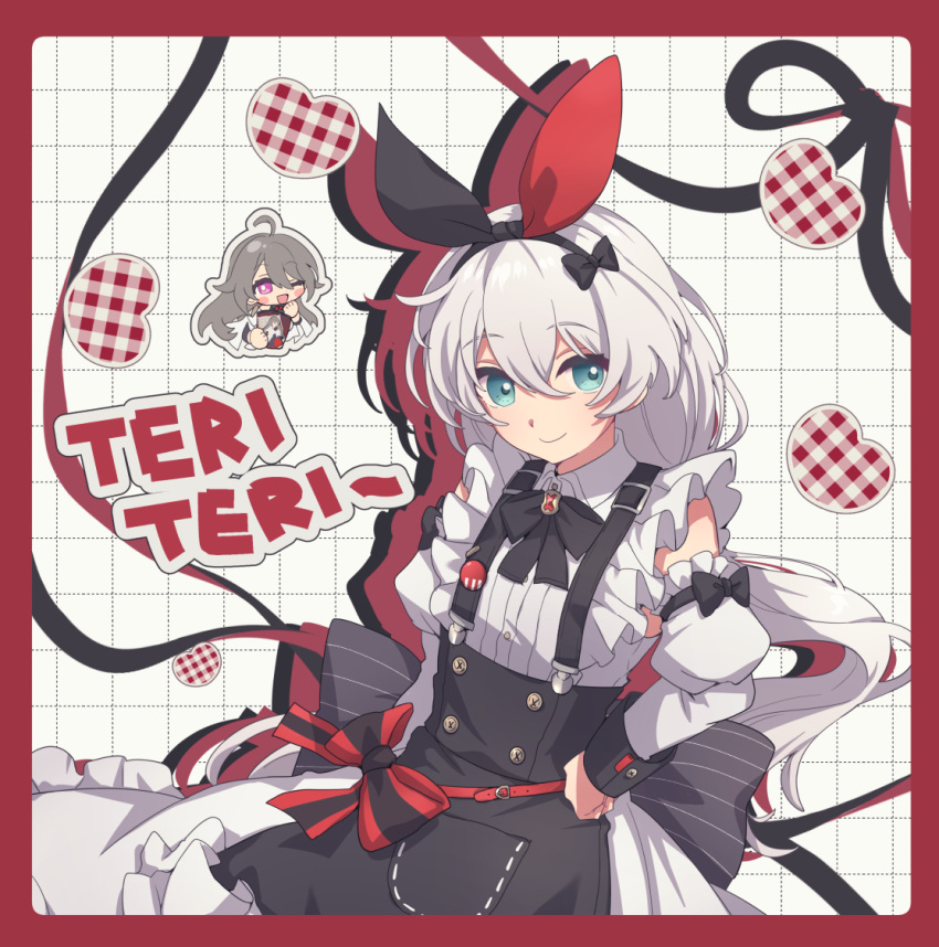 2girls, :d, ahoge, blue_eyes, blush, border, character_name, chibi