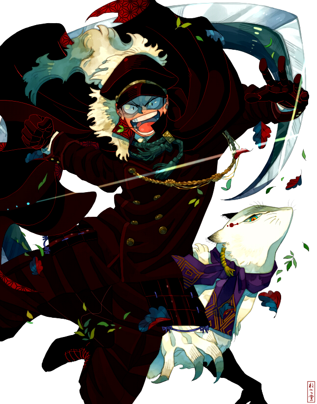 1boy, black_cape, black_footwear, black_gloves, black_jacket, black_pants, boku_no_hero_academia, buttons, cape, double-breasted, falling_leaves, fox, gloves, hat, jacket, leaf, looking_at_another, looking_at_viewer, male_focus, mouth_hold, nekodou_(yukatin1000), open_mouth, pants, peaked_cap, sanpaku, screaming, short_hair, simple_background, smile, stalk_in_mouth, teeth, v-shaped_eyebrows, white_background, yoarashi_inasa
