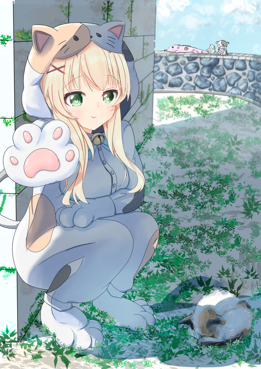 1girl, absurdres, animal_costume, animal_ears, animal_hands, bell, blonde_hair, blue_bow