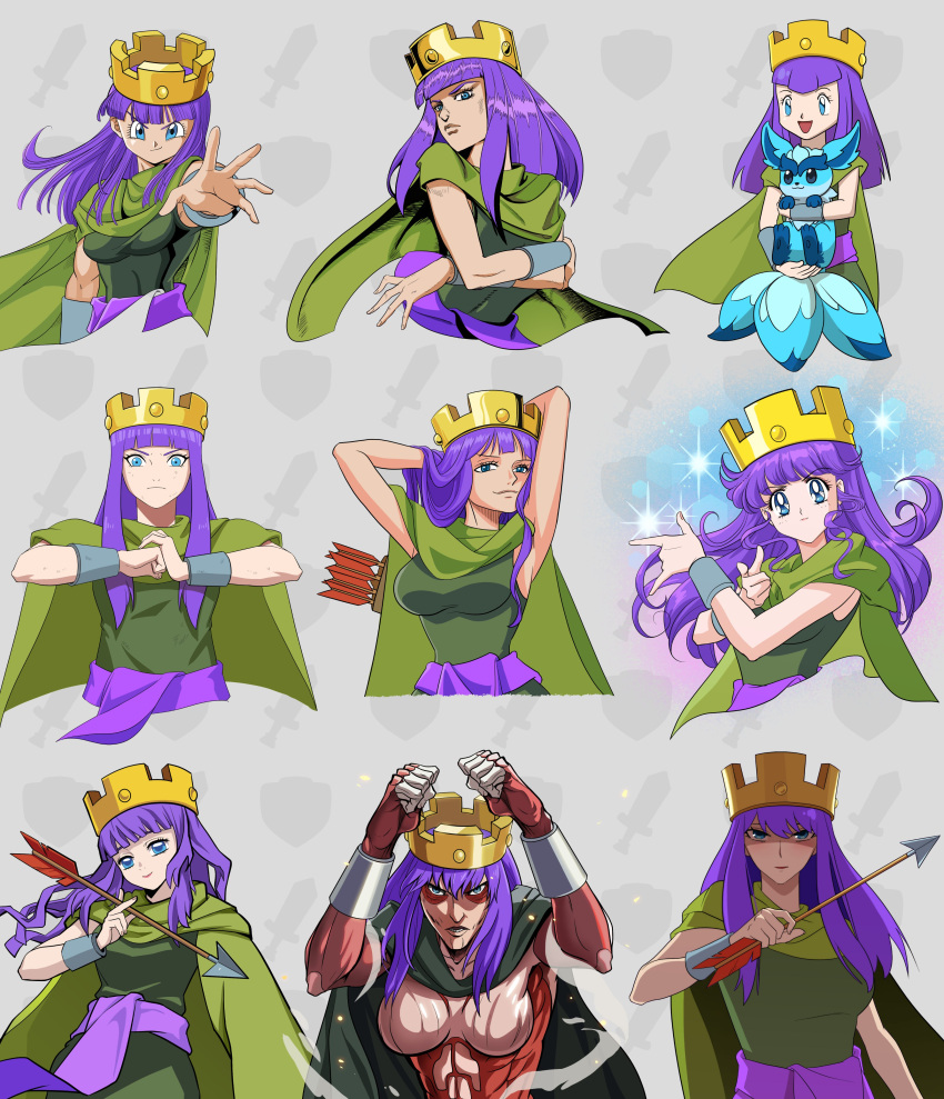 1girl, absurdres, araki_hirohiko_(style), archer_queen_(clash_of_clans), arms_up, arrow_(projectile), bishoujo_senshi_sailor_moon, blue_eyes