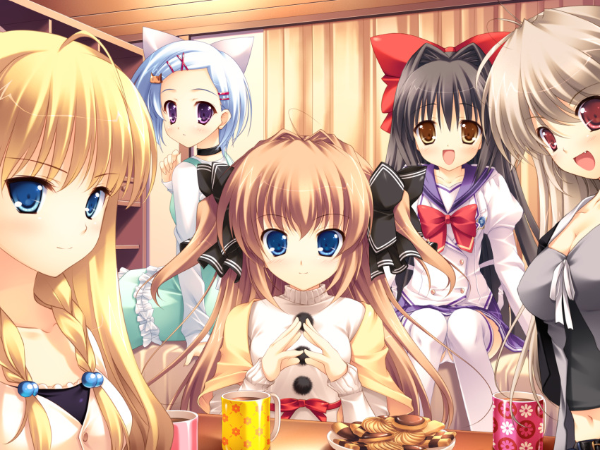 asuka_mirai, benzaiten_enishi, blonde_hair, blue_eyes, brown_eyes, brown_hair, charlotte_vaasa, food, game_cg, mikeou, nanairo_kouro, nanami_haruka, naruse_mamoru, purple_eyes, rachel_windsor, rakko, sasorigatame, violet_eyes, white_hair