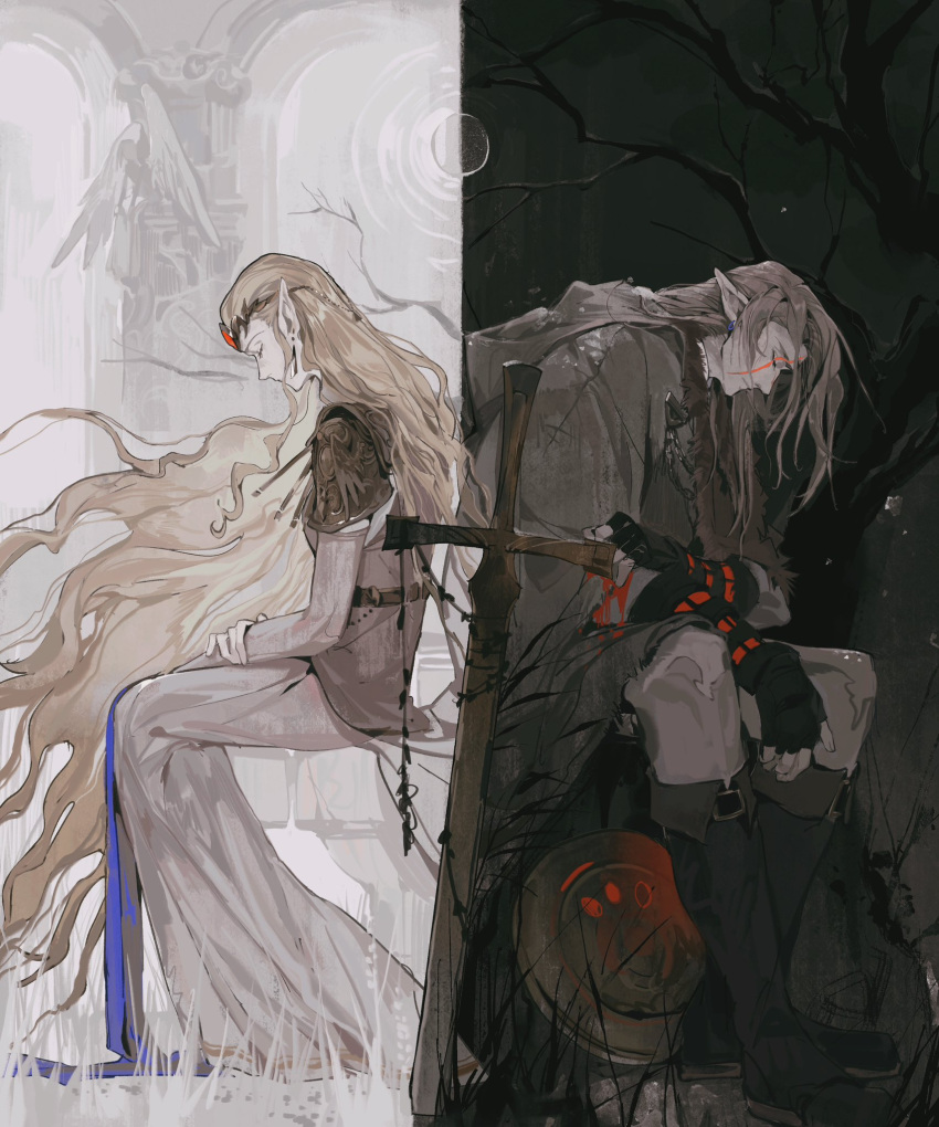 1boy, 1girl, armor, blonde_hair, blood, blood_on_hands, boots, chain