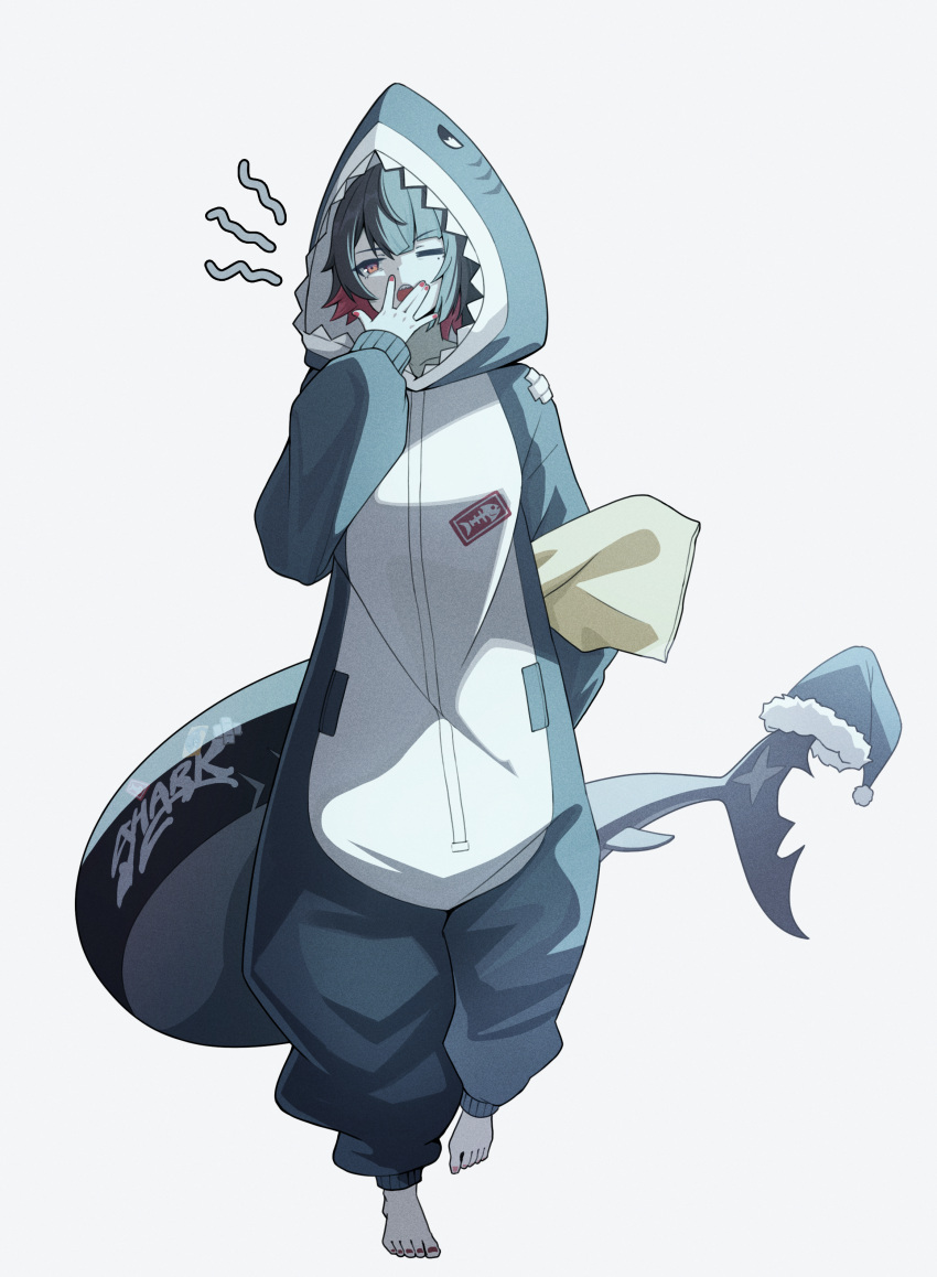 1girl, absurdres, animal_costume, animal_hood, barefoot, black_hair, colored_inner_hair, commentary