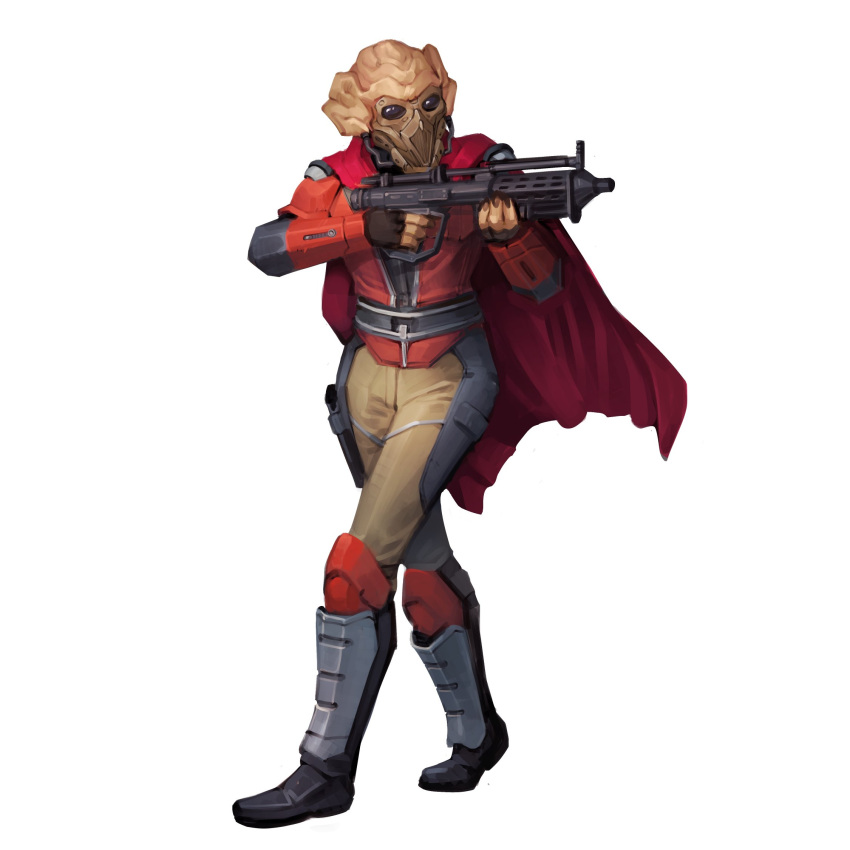 1other, alien, armor, black_gloves, boots, brown_pants, cape, fingerless_gloves, full_body, gloves, gun, highres, holding, holding_gun, holding_weapon, jacket, kel_dor, pants, pauldrons, red_cape, red_jacket, shoulder_armor, simple_background, solo, standing, star_wars, weapon, white_background, will_nunes