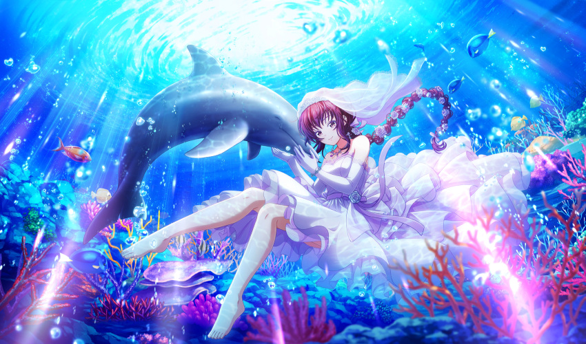1girl, air_bubble, barefoot, blurry, braid, braided_ponytail, bridal_veil, bubble