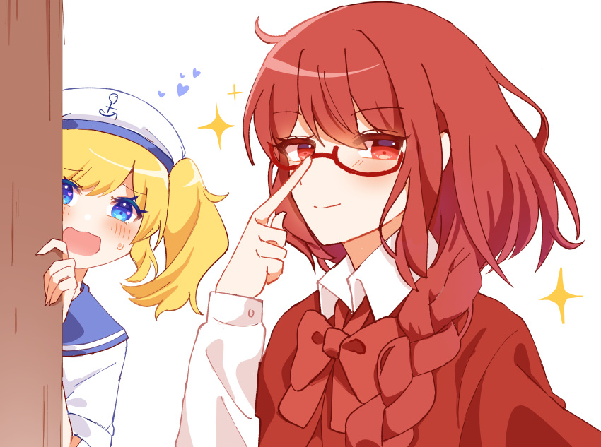 2girls, absurdres, adjusting_eyewear, blonde_hair, blue_eyes, blue_sailor_collar, bow, bowtie