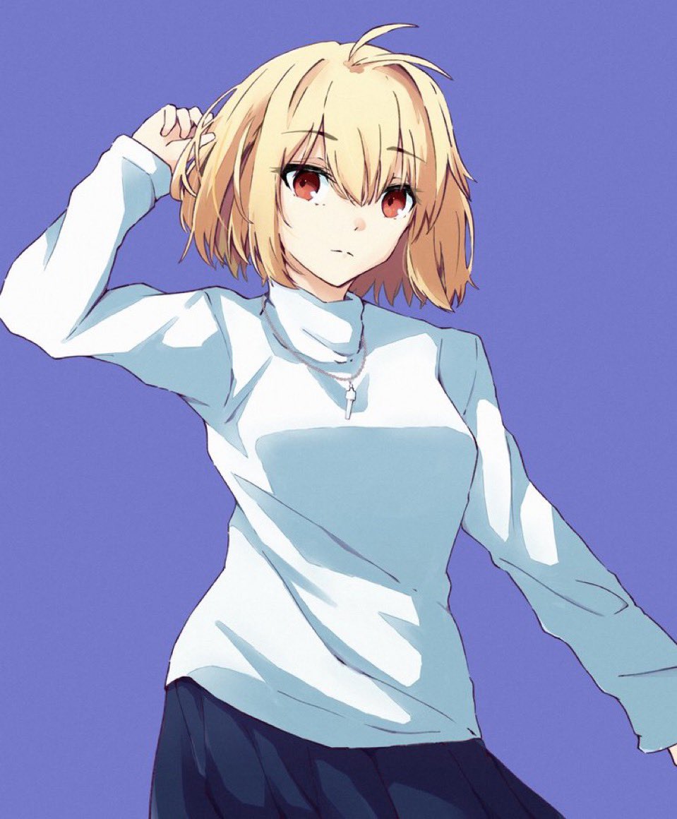 1girl, antenna_hair, arcueid_brunestud, blonde_hair, blue_background, blue_skirt, cowboy_shot, red_eyes