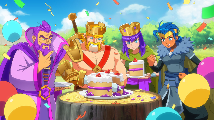 2boys, 2girls, archer_queen_(clash_of_clans), armor, balloon, barbarian_king, beard, blue_eyes, blue_hair, cake, cake_slice, cape, clash_of_clans, confetti, crown, dark-skinned_female, dark_skin, day, facial_hair, food, fruit, fur_collar, grand_warden, green_cape, green_shirt, grin, hand_on_own_chin, highres, holding, holding_plate, holding_sword, holding_weapon, long_hair, looking_at_food, multiple_boys, multiple_girls, mustache, outdoors, pauldrons, plate, purple_hair, purple_robe, robe, royal_champion, shirt, shoulder_armor, single_pauldron, sleeveless, sleeveless_shirt, smile, spiked_pauldrons, strawberry, sword, sword_on_back, tree_stump, weapon, weapon_on_back
