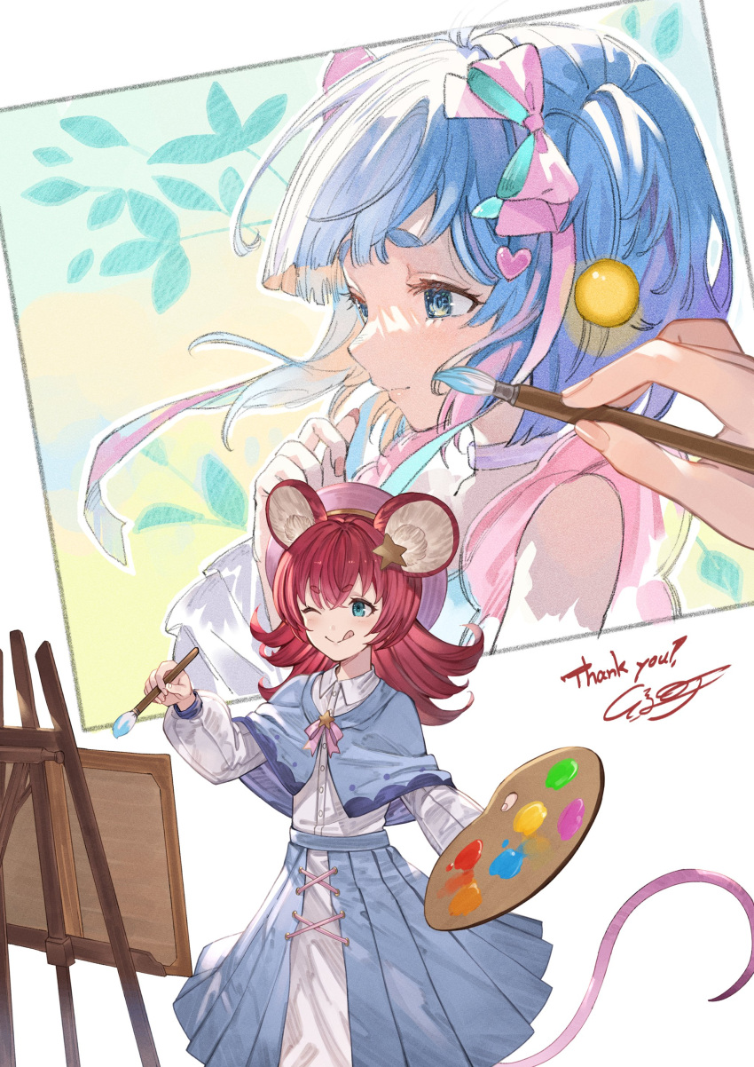 2girls, ;q, absurdres, animal_ears, aqua_eyes, art_brush, ayacho, blue_eyes