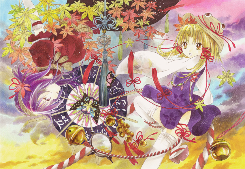 artist_request, frog, hat, highres, kuri_meigetsu, moriya_suwako, multiple_girls, purple_hair
