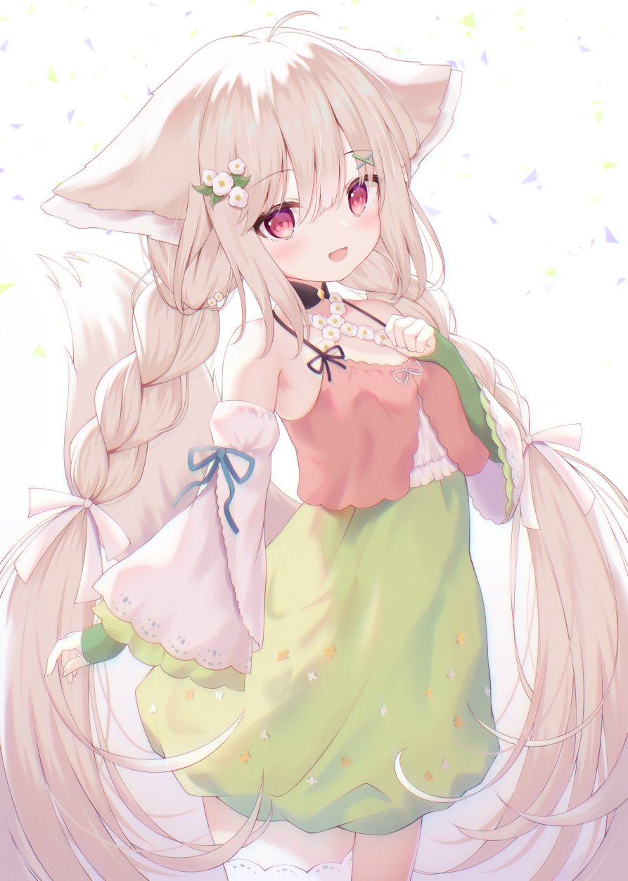 1girl, :d, ahoge, animal_ear_fluff, animal_ears, arm_at_side, bare_shoulders, black_collar