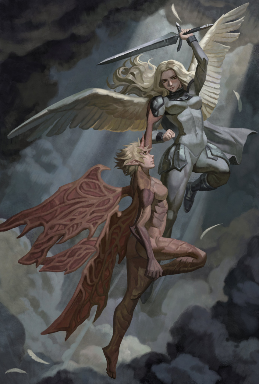2girls, absurdres, angel_wings, arm_up, armor, armored_boots, awakened_being_(claymore), battle