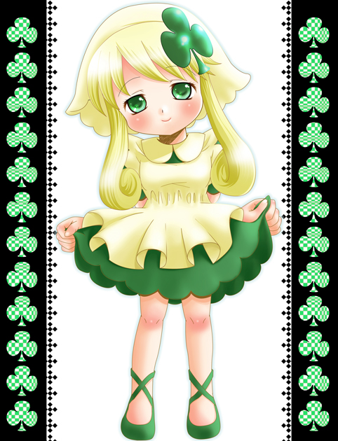 1girl, 2000s_(style), apron, blonde_hair, blush, border, breasts, c: