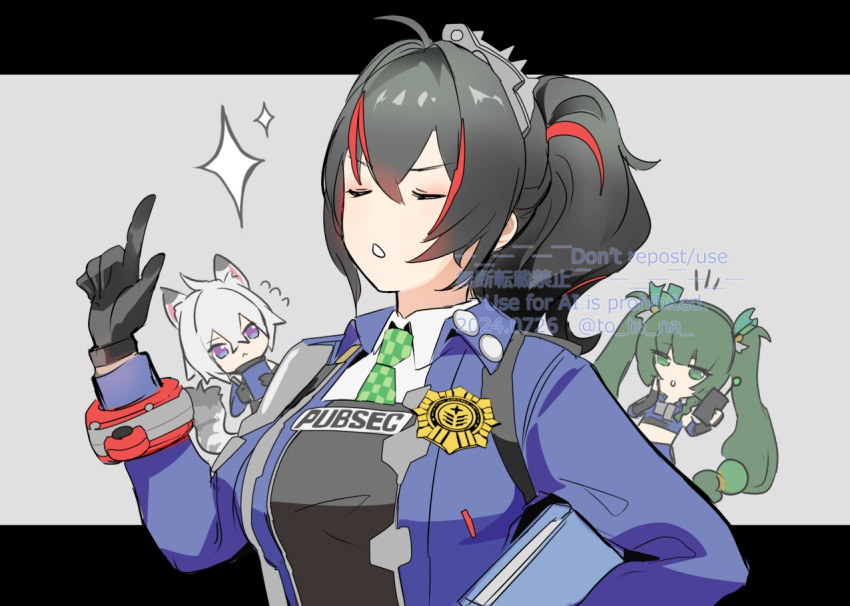 1boy, 2girls, android, black_gloves, black_hair, blunt_bangs, cat_boy, closed_eyes