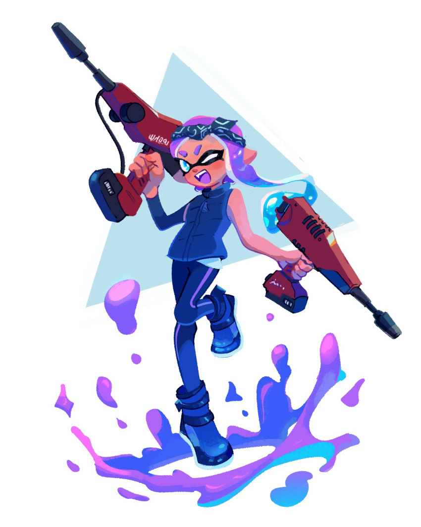 1girl, black_vest, blue_eyes, commentary, dual_wielding, dualie_squelchers_(splatoon), english_commentary, gun