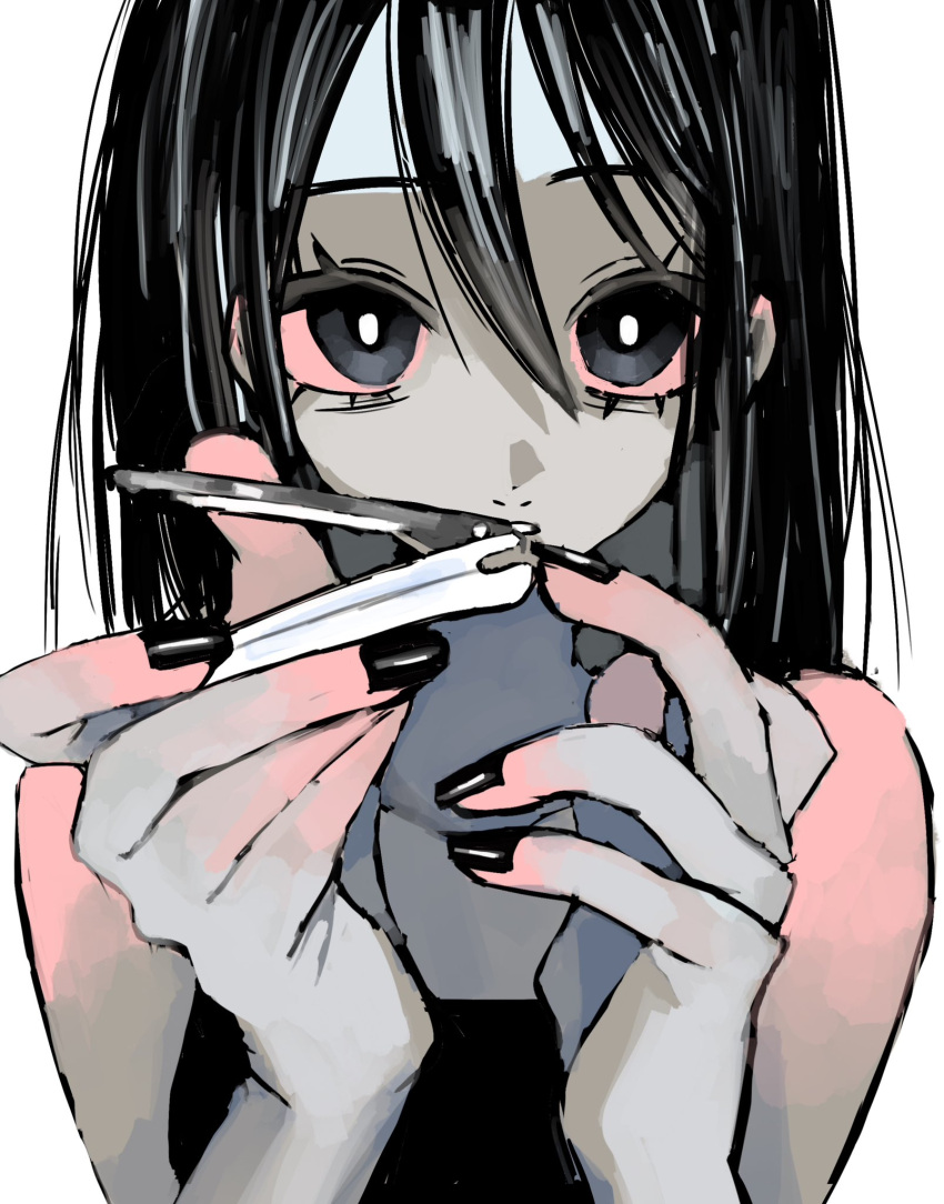 1girl, applying_manicure, bare_shoulders, black_eyes, black_hair, black_nails, black_shirt, bright_pupils