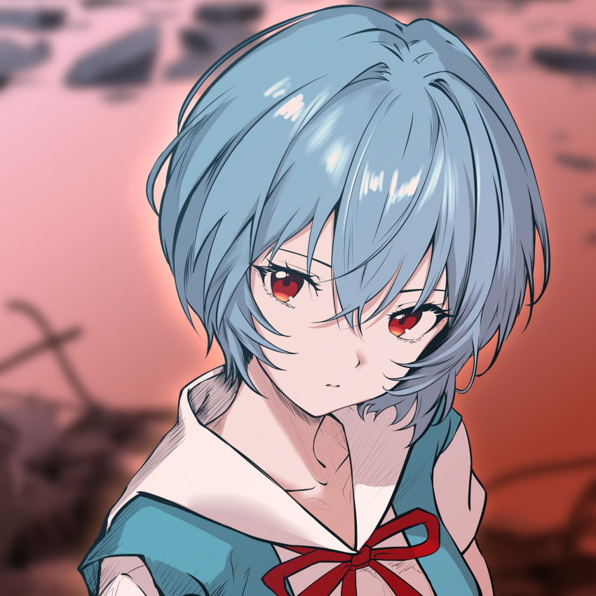 1girl, ayanami_rei, blue_hair, close-up, closed_mouth, collarbone, commentary, eyelashes