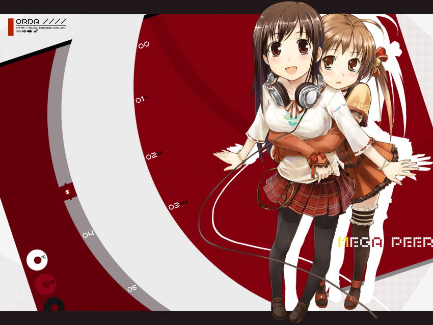 2girls, blush, breasts, garter, headphones, headphones_around_neck, highres, hug