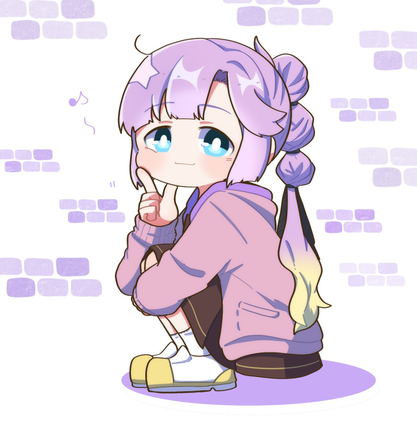 1girl, ahoge, anyoji_hime, black_ribbon, blonde_hair, blue_eyes, blunt_bangs, brown_dress, closed_mouth, colored_shadow, commentary, deformed, dress, eighth_note, full_body, genmaicha_(g_teall), gradient_hair, hair_ribbon, hasu_no_sora_school_uniform, highres, hood, hooded_jacket, jacket, link!_like!_love_live!, long_hair, long_sleeves, looking_at_viewer, looking_to_the_side, love_live!, medium_dress, multi-tied_hair, multicolored_hair, musical_note, pink_hair, pink_jacket, pleated_dress, ponytail, ribbon, school_uniform, shadow, shoes, sidelocks, slav_squatting, smile, socks, solo, squatting, swept_bangs, symbol-only_commentary, two-tone_footwear, uwabaki, virtual_youtuber, white_background, white_footwear, white_socks, winter_uniform, yellow_footwear