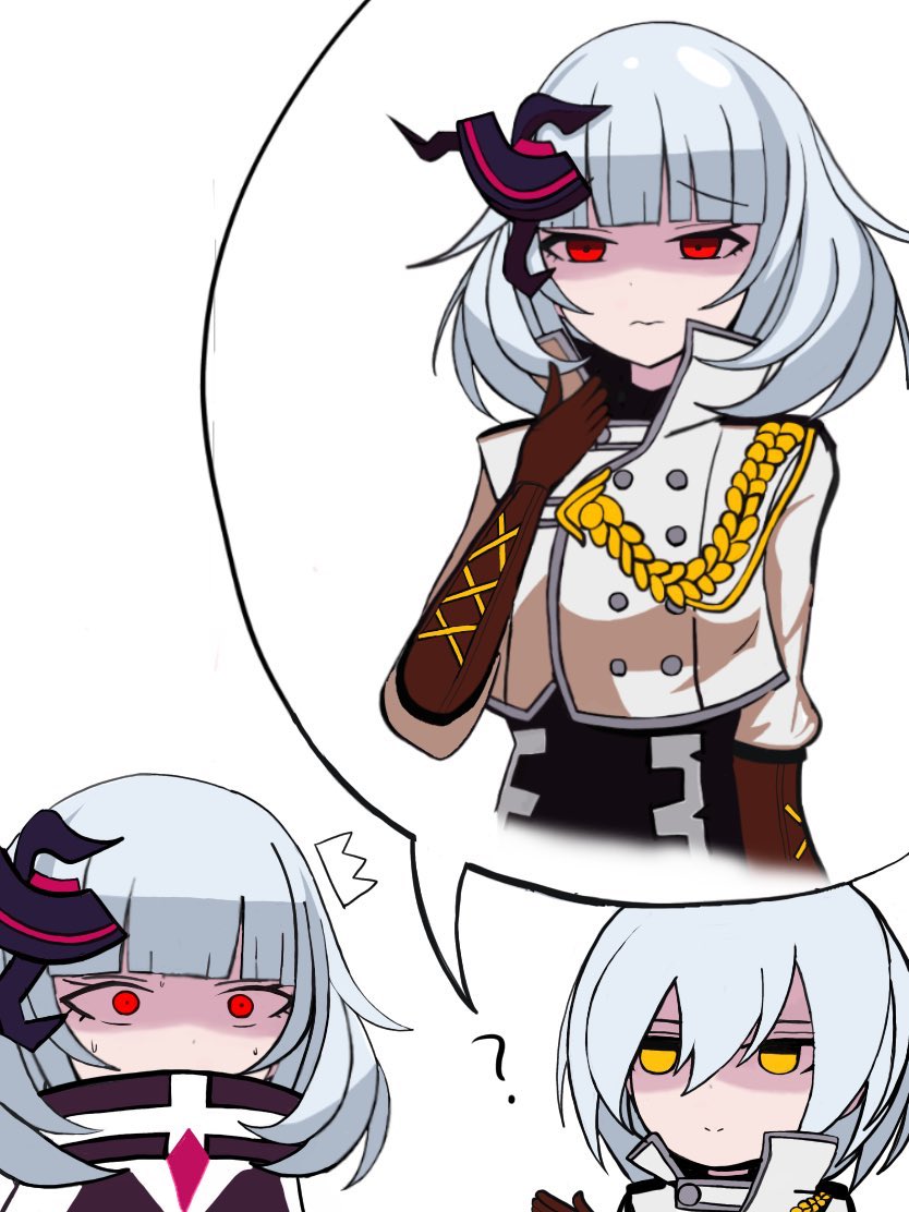 2girls, ?, black_jacket, bob_cut, brown_gloves, closed_mouth, cosplay, elbow_gloves, gloves, hair_ornament, honkai_(series), honkai_impact_3rd, jacket, kiana_kaslana, kiana_kaslana_(cosplay), kiana_kaslana_(valkyrie_ranger), long_sleeves, multiple_girls, nahina_eimei, red_eyes, short_hair, upper_body, white_background, white_hair, white_jacket, yellow_eyes, zombie_(honkai_impact)