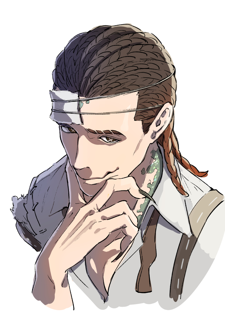 1boy, black_eyes, black_nails, bright_pupils, brown_hair, closed_mouth, collared_shirt, cornrows