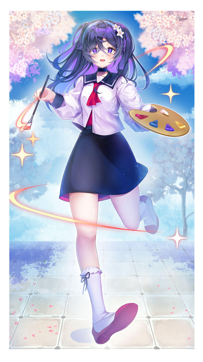 1girl, absurdres, black_hair, cherry_blossoms, colored_inner_hair, flower_hairband, highres, holding, holding_paintbrush, holding_palette, long_hair, long_sleeves, memory_(monster_strike), monster_strike, multicolored_hair, n_r_nn, neckerchief, paintbrush, palette_(object), running, sailor_collar, school_uniform, skirt, socks, solo