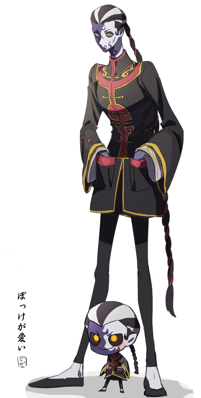 >:), 2boys, :/, black_footwear, black_hair, black_jacket, black_pants, black_skin, braid, braided_ponytail, chibi, chinese_clothes, colored_skin, facial_mark, fan_wujiu, flats, full_body, grey_skin, hair_pulled_back, hands_in_pockets, highres, identity_v, jacket, legs_apart, long_hair, long_sleeves, looking_ahead, male_focus, mini_fan, multicolored_hair, multicolored_skin, multiple_boys, pants, pointy_ears, simple_background, single_braid, standing, streaked_hair, sukehige, tangzhuang, two-tone_hair, two-tone_skin, v-shaped_eyebrows, very_long_hair, white_background, white_hair, yellow_eyes
