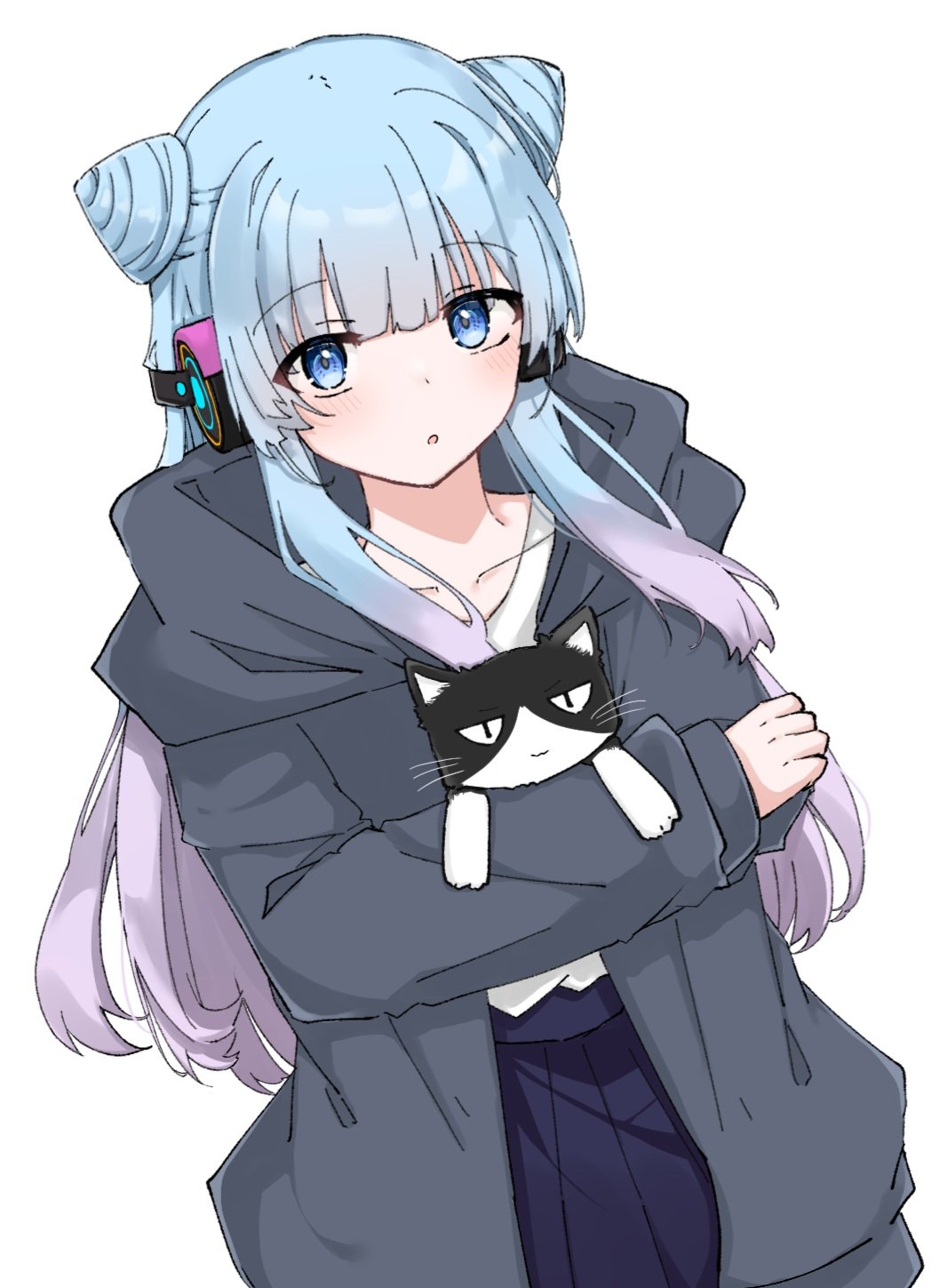1girl, animal, black_hood, blue_eyes, blue_hair, cat, cone_hair_bun, gradient_hair