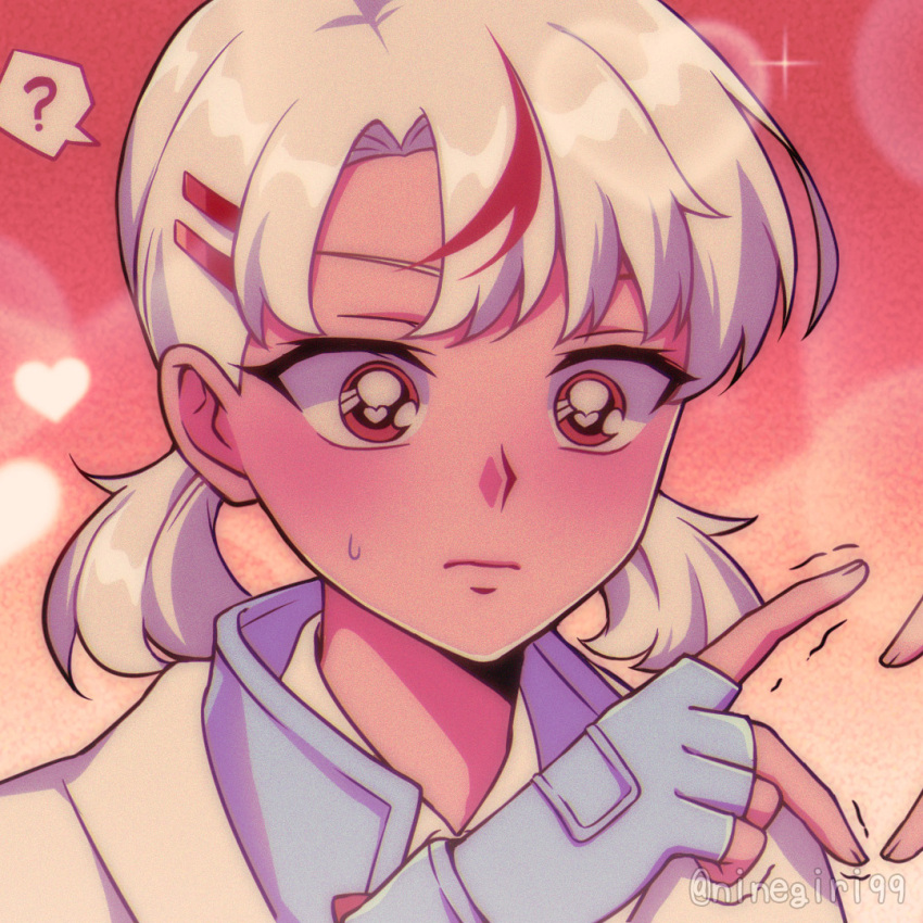 1girl, ?, blue_gloves, blush, commentary, english_commentary, fingerless_gloves, gloves, half-heart_hands, heart, heart-shaped_pupils, love-bullet, low_twintails, multicolored_hair, ninegiri, portrait, red_eyes, redhead, shaking, solo, spoken_question_mark, streaked_hair, symbol-shaped_pupils, trembling, twintails, twitter_username, two-tone_hair, white_hair