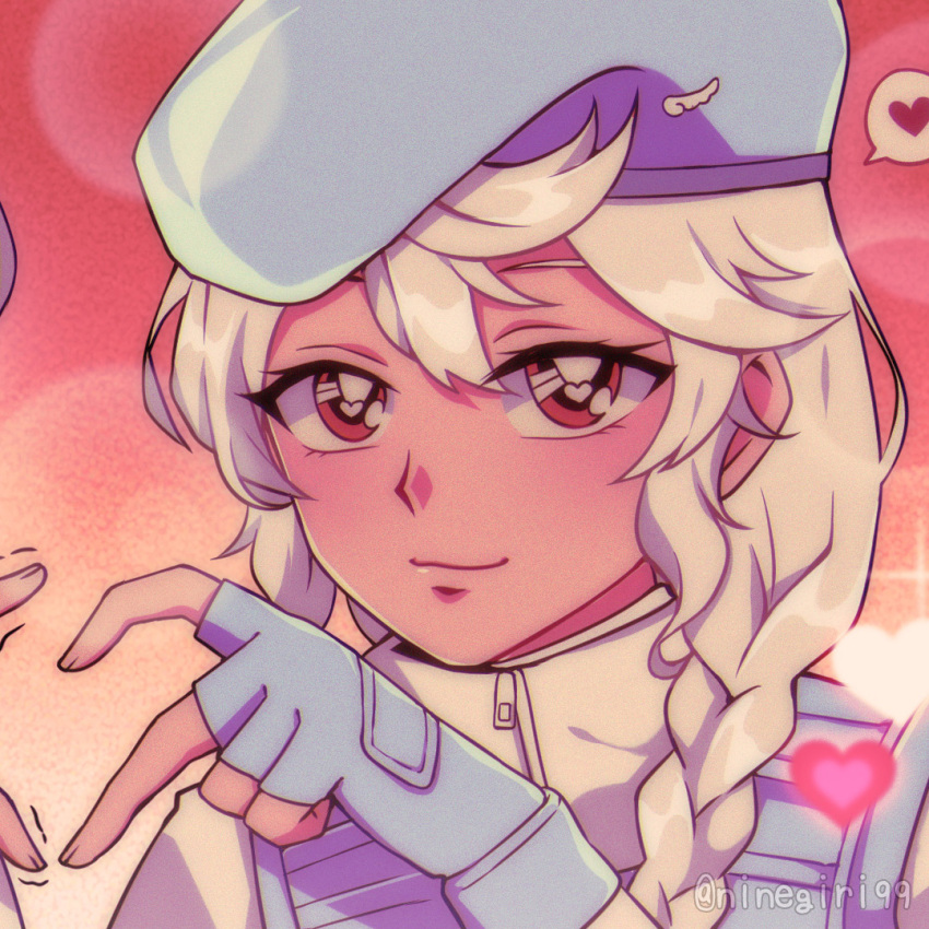 1girl, blue_gloves, blue_hat, braid, commentary, english_commentary, fingerless_gloves, gloves