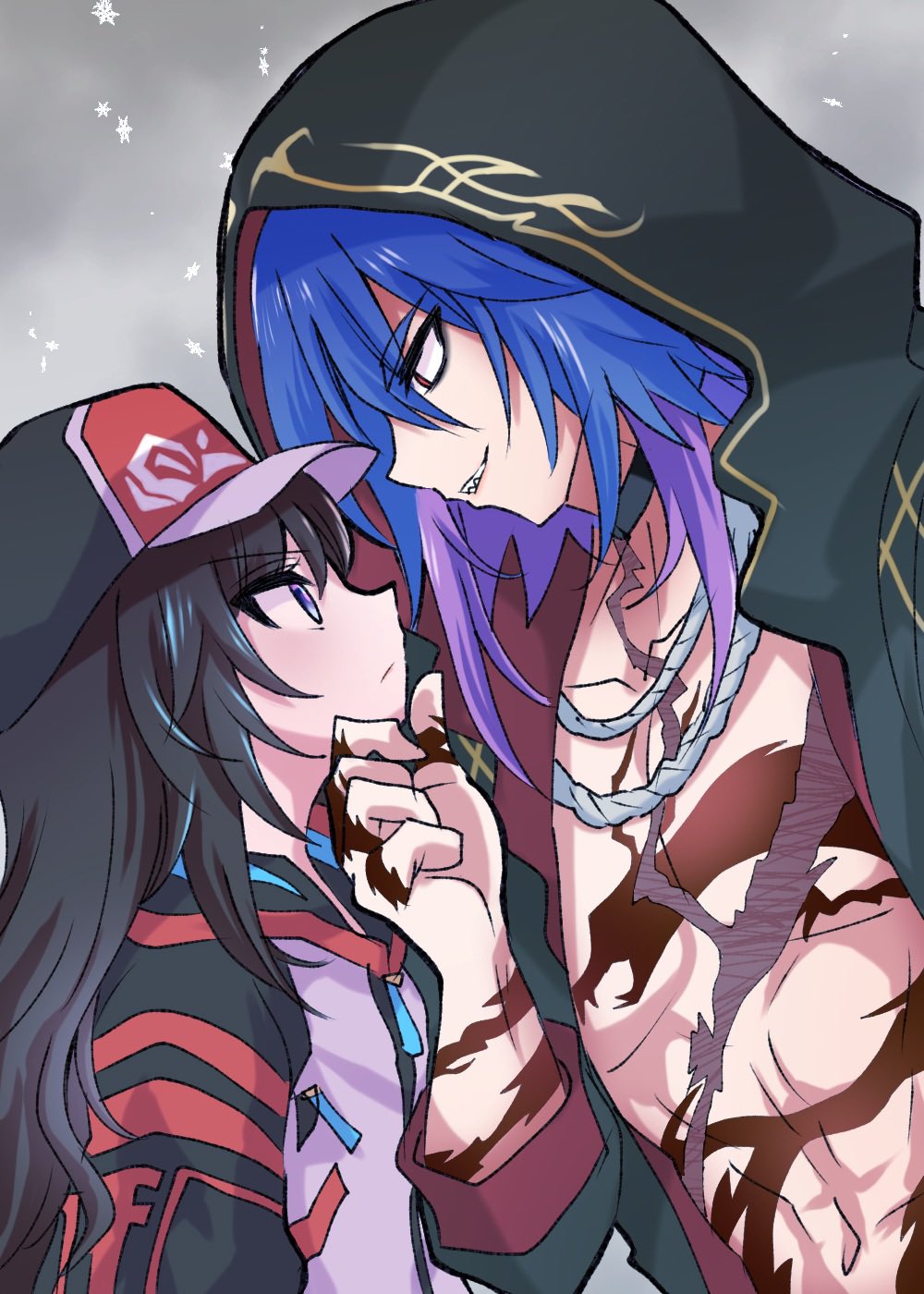 1boy, 1girl, arm_tattoo, baseball_cap, black_hair, blue_hair, chest_tattoo, dragon_tattoo