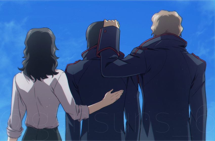 1girl, 2boys, black_coat, black_hair, blonde_hair, blue_sky, coat, facing_away