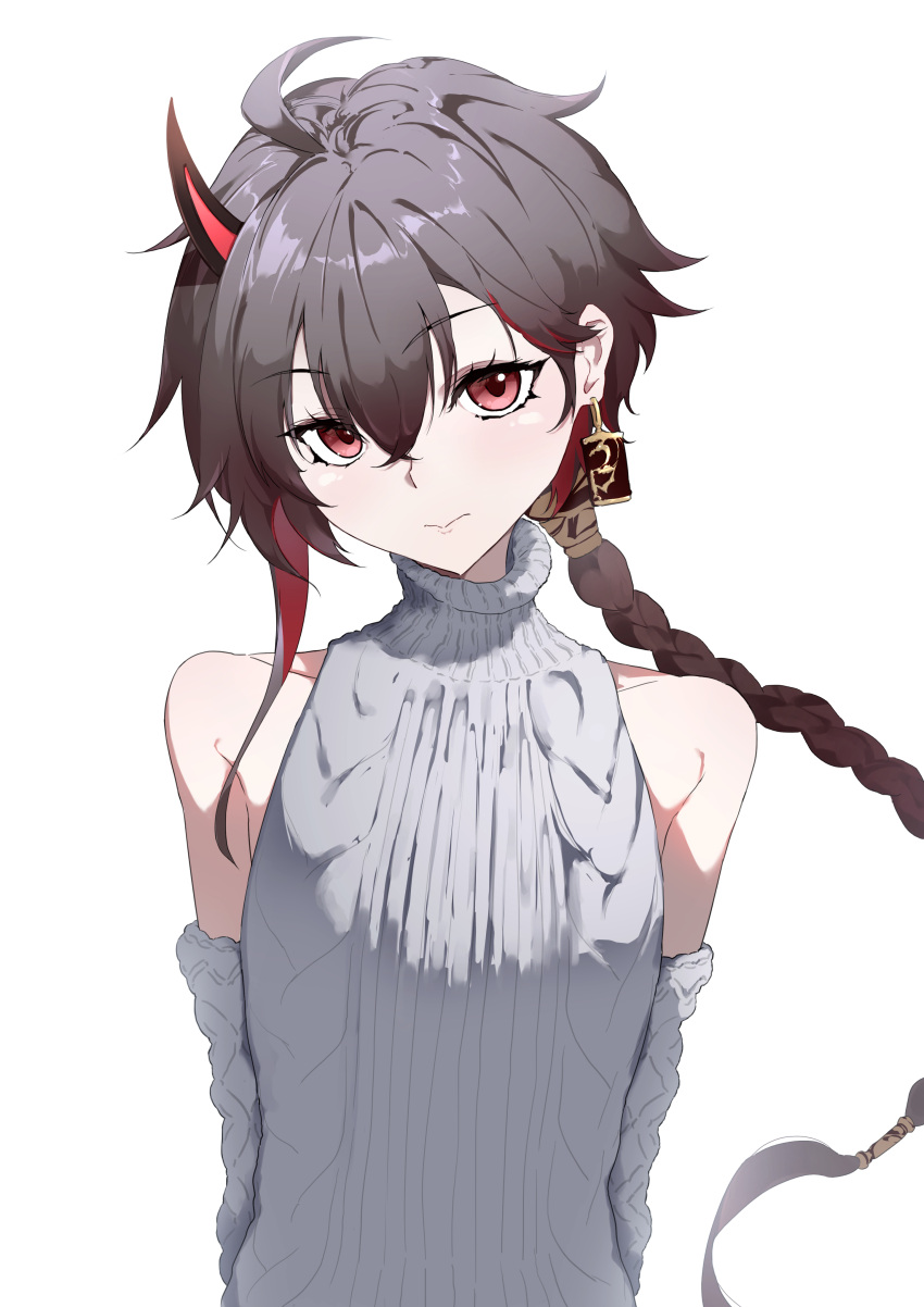 1boy, absurdres, bare_shoulders, braid, braided_ponytail, brown_hair, changyu_(pgr), detached_sleeves, earrings, hair_between_eyes, highres, horns, jewelry, long_hair, looking_at_viewer, punishing:_gray_raven, single_earring, single_horn, solo, sweater, takashi_san, white_background, white_sleeves, white_sweater