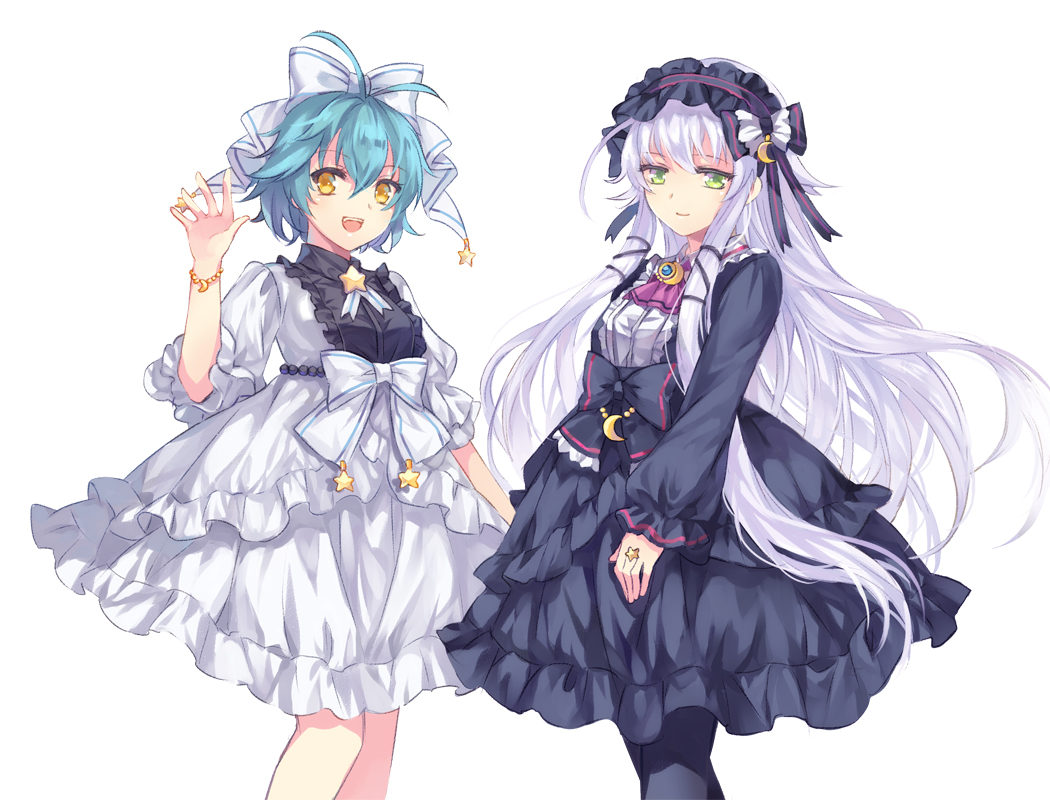 2girls, :d, alternate_costume, altina_orion, ascot, black_bow, black_dress, black_hairband