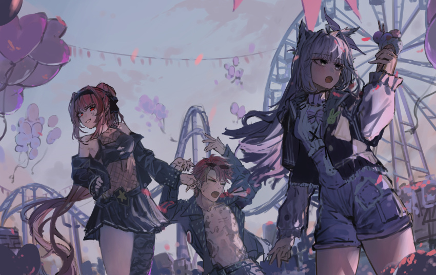 1boy, 2girls, absurdres, ahoge, animal_ears, black_jacket, black_skirt, chest_tattoo