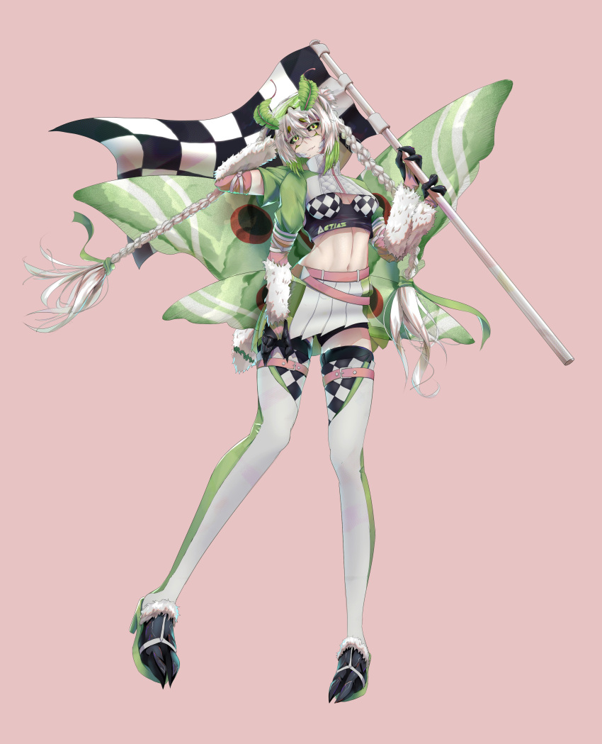 1girl, absurdres, antennae, arthropod_girl, black_shorts, blame_4407, braid, breasts, bug, checkered_flag, claws, commission, extra_arms, flag, flag_print, full_body, fur_trim, goggles, goggles_on_head, green_footwear, high_heels, highres, holding, indie_virtual_youtuber, juniper_actias, looking_at_viewer, monster_girl, moth, moth_antennae, moth_girl, shorts, skirt, tail, twin_braids, virtual_youtuber, white_hair