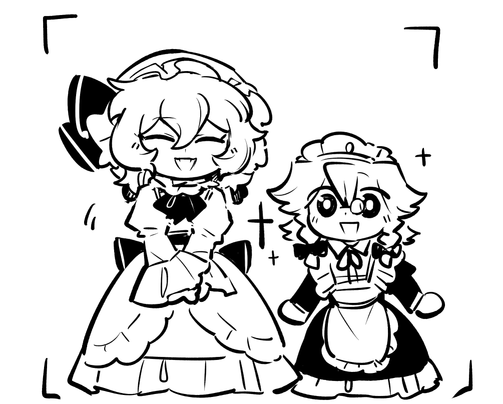 2girls, alternate_costume, apron, ascot, bow, braid, closed_eyes, dress