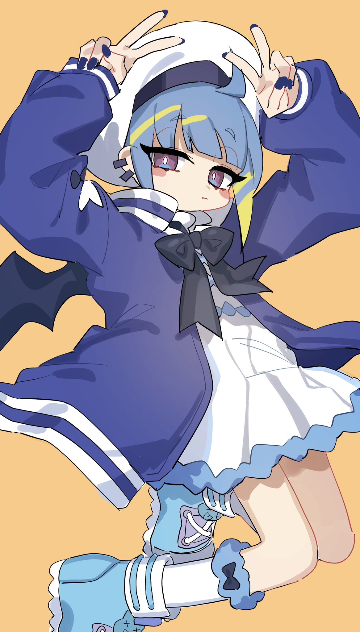 1girl, blue_footwear, blue_hair, blue_jacket, blush_stickers, boots, double_v, dress