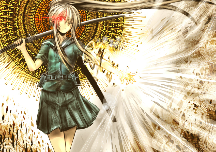 absurdres, blonde_hair, epic, glowing, glowing_eye, highres, hinomaru_(kotoba), katana
