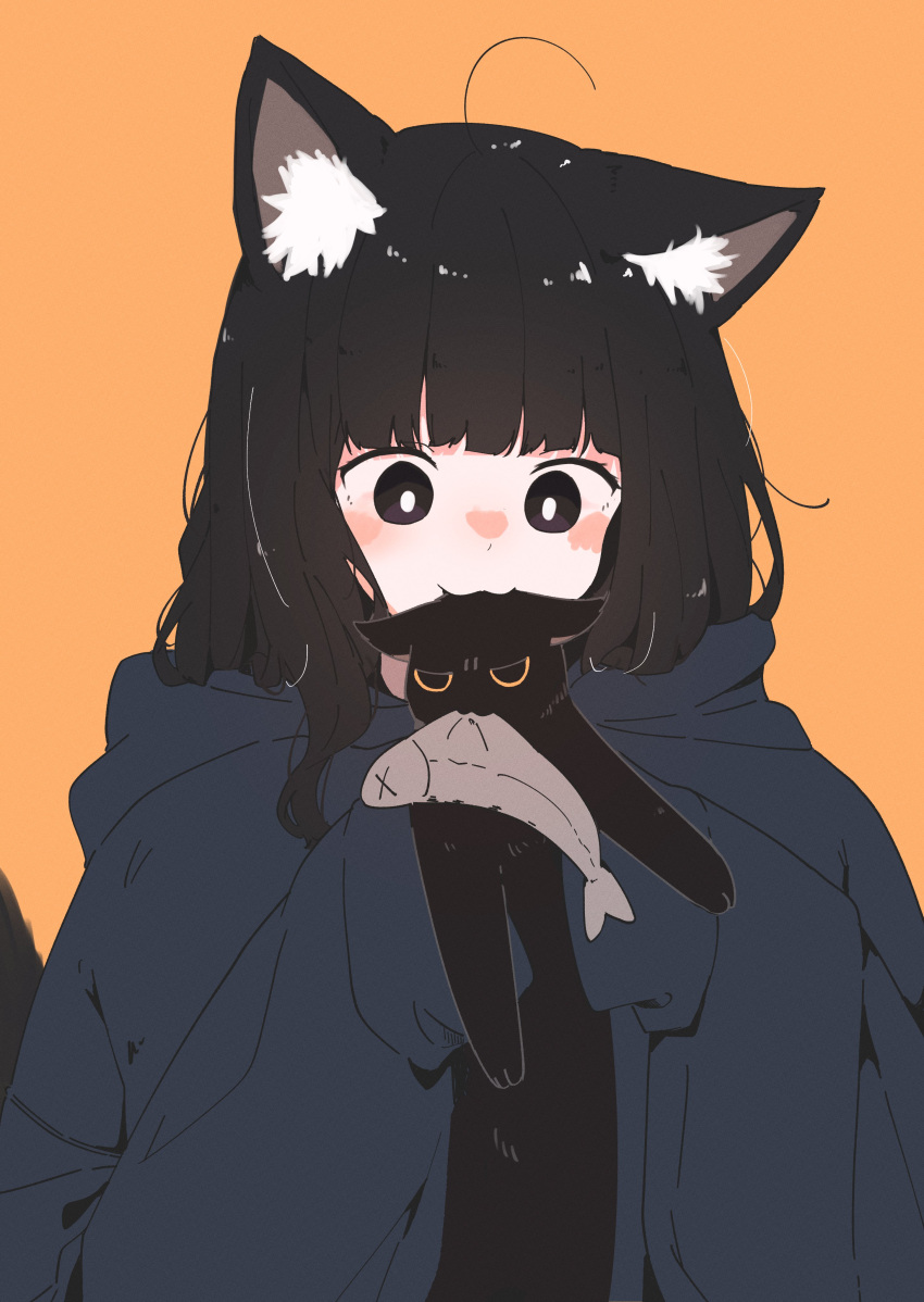 1girl, :3, absurdres, animal, animal_ear_fluff, animal_ears, black_cat, black_eyes