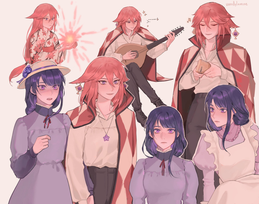 2girls, animal_earrings, animal_ears, apron, artist_name, black_pants, braid, breasts, closed_eyes, closed_mouth, cosplay, crossed_legs, derivative_work, dress, fox_ears, frilled_apron, frills, genshin_impact, hat, highres, holding, holding_instrument, howl_(howl_no_ugoku_shiro), howl_(howl_no_ugoku_shiro)_(cosplay), howl_no_ugoku_shiro, instrument, jacket, jacket_on_shoulders, japanese_clothes, jewelry, long_hair, medium_breasts, multiple_girls, multiple_views, music, necklace, open_mouth, pants, playing_instrument, purple_dress, purple_hair, raiden_shogun, redhead, shirt, single_braid, smile, sophie_(howl_no_ugoku_shiro), sophie_(howl_no_ugoku_shiro)_(cosplay), sun_hat, vanillylamine, violet_eyes, white_apron, white_shirt, yae_miko, yuri