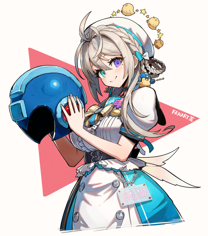 blue_eyes, blue_helmet, cowboy_shot, dress, grey_hair, helmet, heterochromia, highres