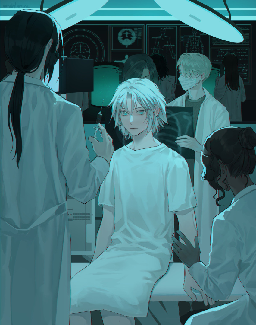 absurdres, aged_down, aqua_eyes, black_hair, blonde_hair, father_and_son, final_fantasy, final_fantasy_vii, final_fantasy_vii_ever_crisis, glasses, grey_hair, hair_between_eyes, hair_bun, highres, holding, holding_syringe, hospital_gown, lab_coat, long_hair, low_ponytail, mask, mouth_mask, multiple_boys, multiple_girls, parted_bangs, professor_houjou, sephiroth, short_hair, short_sleeves, sitting, swept_bangs, syringe, upper_body, vanillylamine, wavy_hair