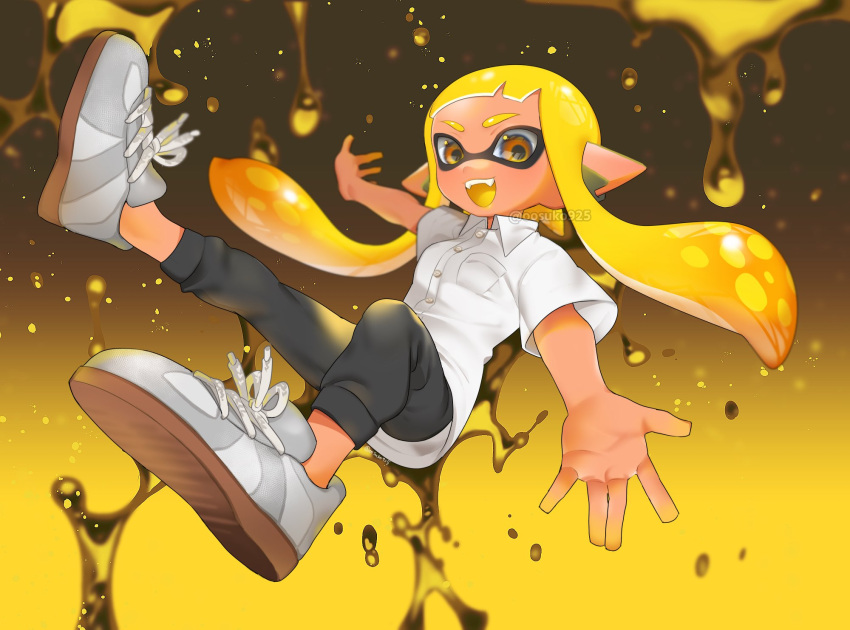 1girl, blonde_hair, breast_pocket, breasts, collared_shirt, colored_tongue, dress_shirt, earclip, english_commentary, fangs, full_body, grey_footwear, grey_pants, highres, inkling, inkling_girl, inkling_player_character, long_hair, looking_at_viewer, naoki_(oosuko), open_mouth, orange_eyes, outstretched_arms, pants, pocket, pointy_ears, shirt, short_sleeves, smile, solo, splatoon_(series), spread_arms, teeth, tentacle_hair, twintails, upper_teeth_only, watermark, white_shirt, yellow_tongue
