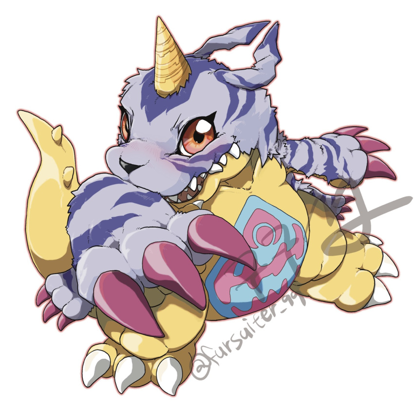 blue_fur, digimon, digimon_(creature), full_body, gabumon, highres, horns, kkugu_(9999_td), no_humans, red_eyes, reptile, sharp_teeth, simple_background, single_horn, solo, teeth, twitter_username, white_background