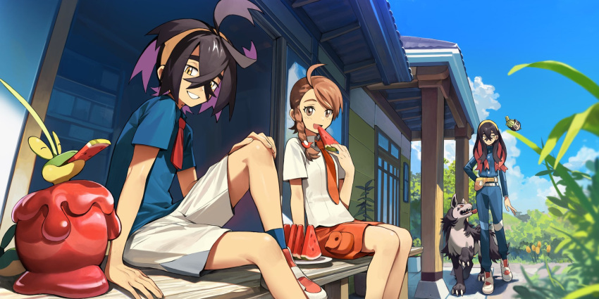 1boy, 2girls, bag, black_hair, blue_shirt, blue_socks, bow, brown_hair