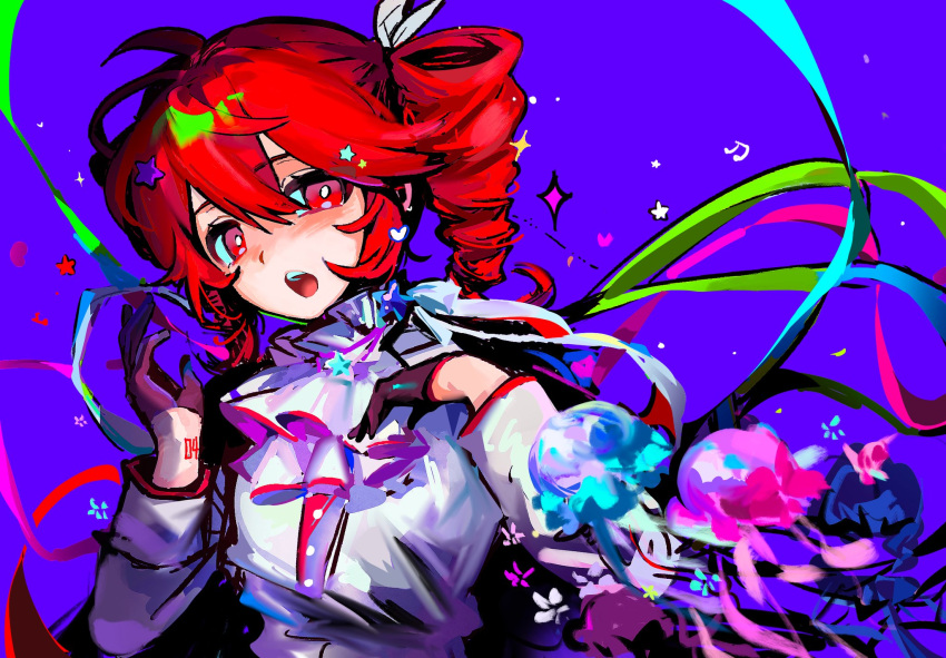 1girl, ahoge, alternate_costume, black_gloves, blue_ribbon, blush, bow, detached_sleeves, double-parted_bangs, dress, drill_hair, gloves, green_ribbon, hair_between_eyes, hair_bow, hand_up, highres, jellyfish, kasane_teto, kasane_teto_(sv), long_sleeves, musical_note, open_mouth, purple_ribbon, red_eyes, red_ribbon, redhead, ribbon, sleeveless, sleeveless_dress, solo, star_(symbol), synthesizer_v, tanglaoban1225, teeth, tongue, twin_drills, twintails, upper_teeth_only, utau, white_bow, white_dress, white_sleeves