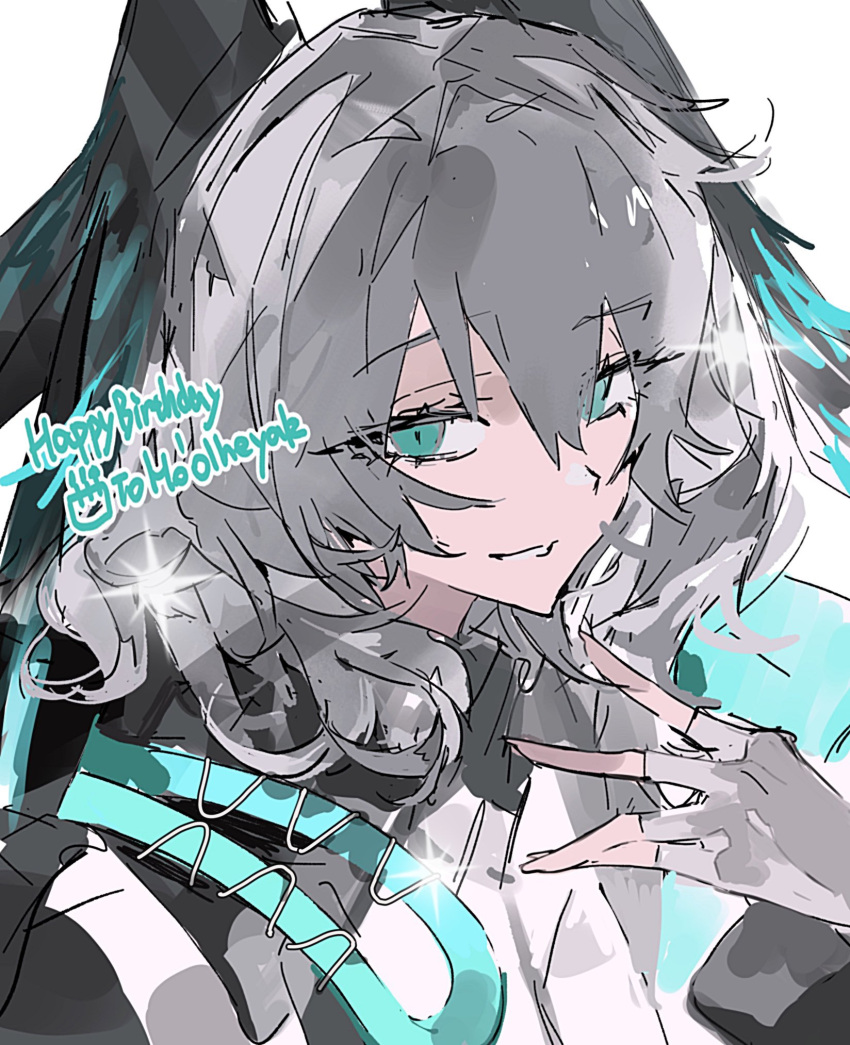 1girl, arknights, blue_eyes, coat, commentary, english_text, feather_hair, fingerless_gloves